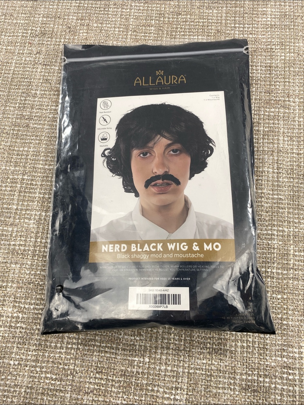 AllAura Nerd Black Wig & Moustache - Black